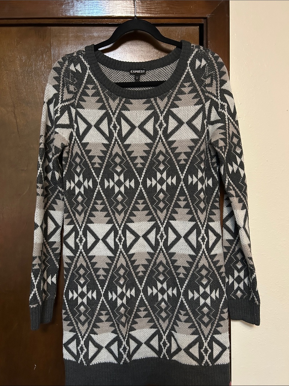 Express Long Crew Sweater Sz Small - Merino Wool blend, Southwestern pattern